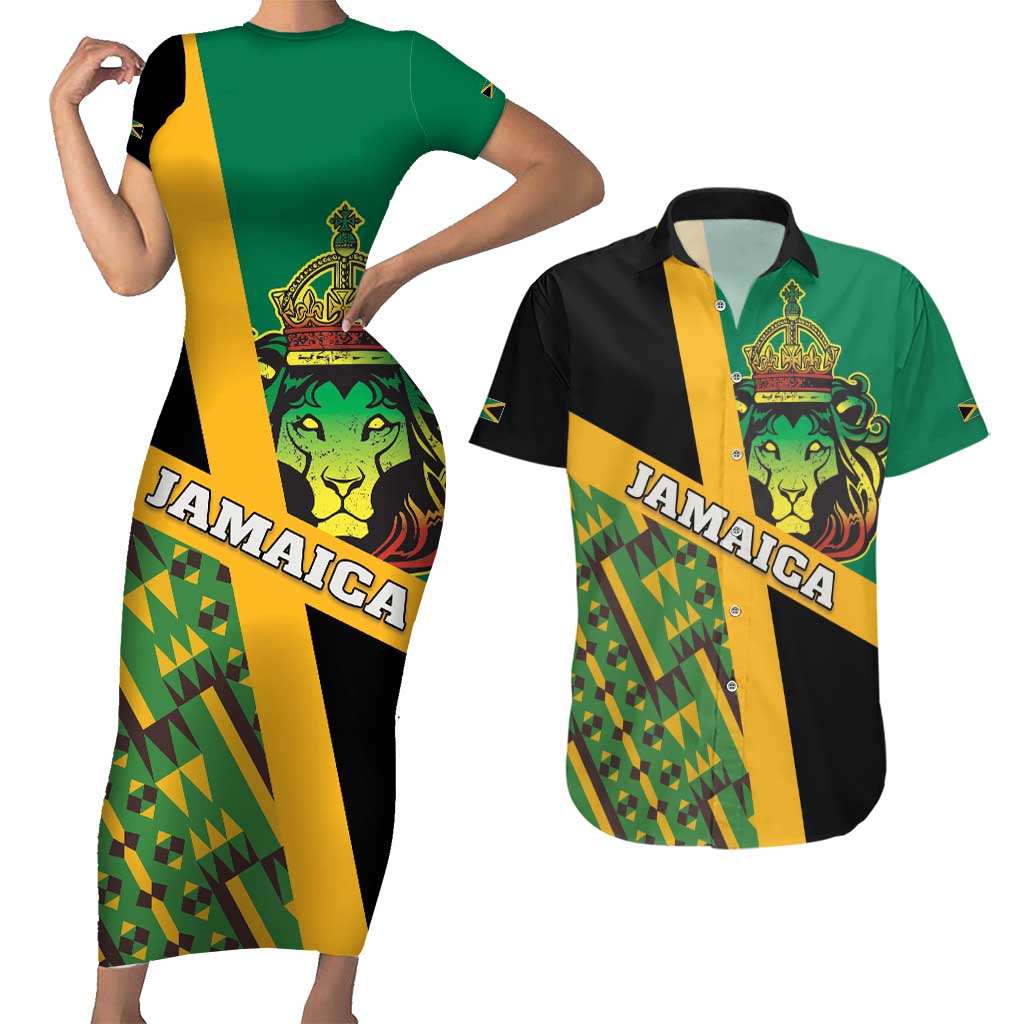 Jamaica Lion Rastafarian Couples Matching Short Sleeve Bodycon Dress and Hawaiian Shirt With Kente Pattern - Wonder Print Shop