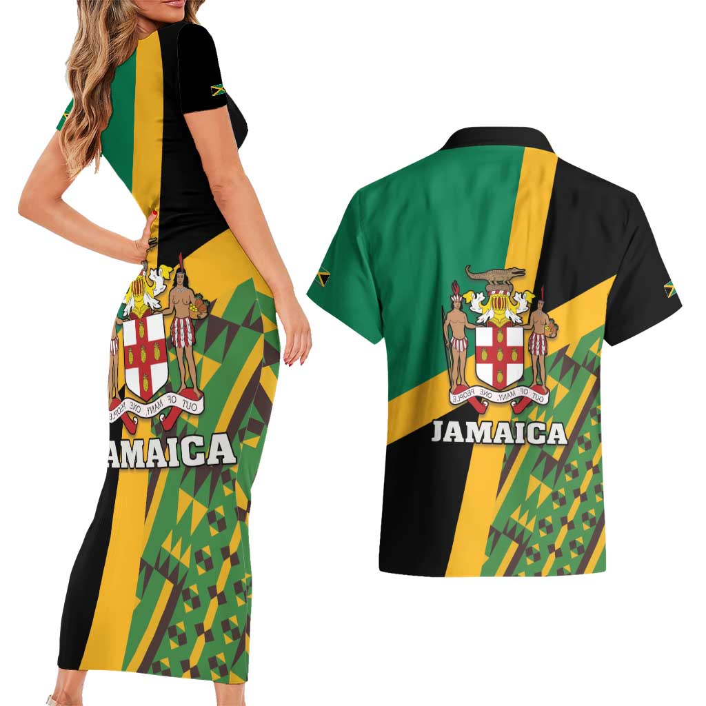 Jamaica Lion Rastafarian Couples Matching Short Sleeve Bodycon Dress and Hawaiian Shirt With Kente Pattern - Wonder Print Shop