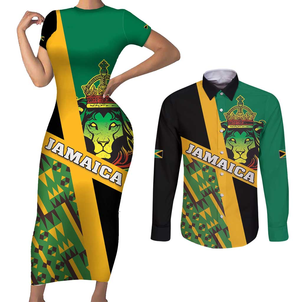 Jamaica Lion Rastafarian Couples Matching Short Sleeve Bodycon Dress and Long Sleeve Button Shirt With Kente Pattern - Wonder Print Shop