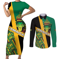 Jamaica Lion Rastafarian Couples Matching Short Sleeve Bodycon Dress and Long Sleeve Button Shirt With Kente Pattern - Wonder Print Shop