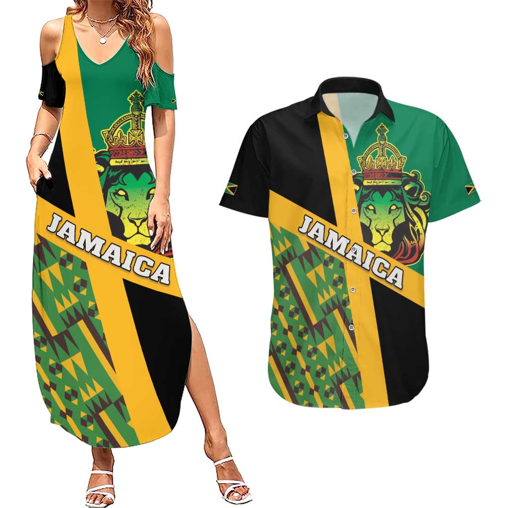 Jamaica Lion Rastafarian Couples Matching Summer Maxi Dress and Hawaiian Shirt With Kente Pattern - Wonder Print Shop