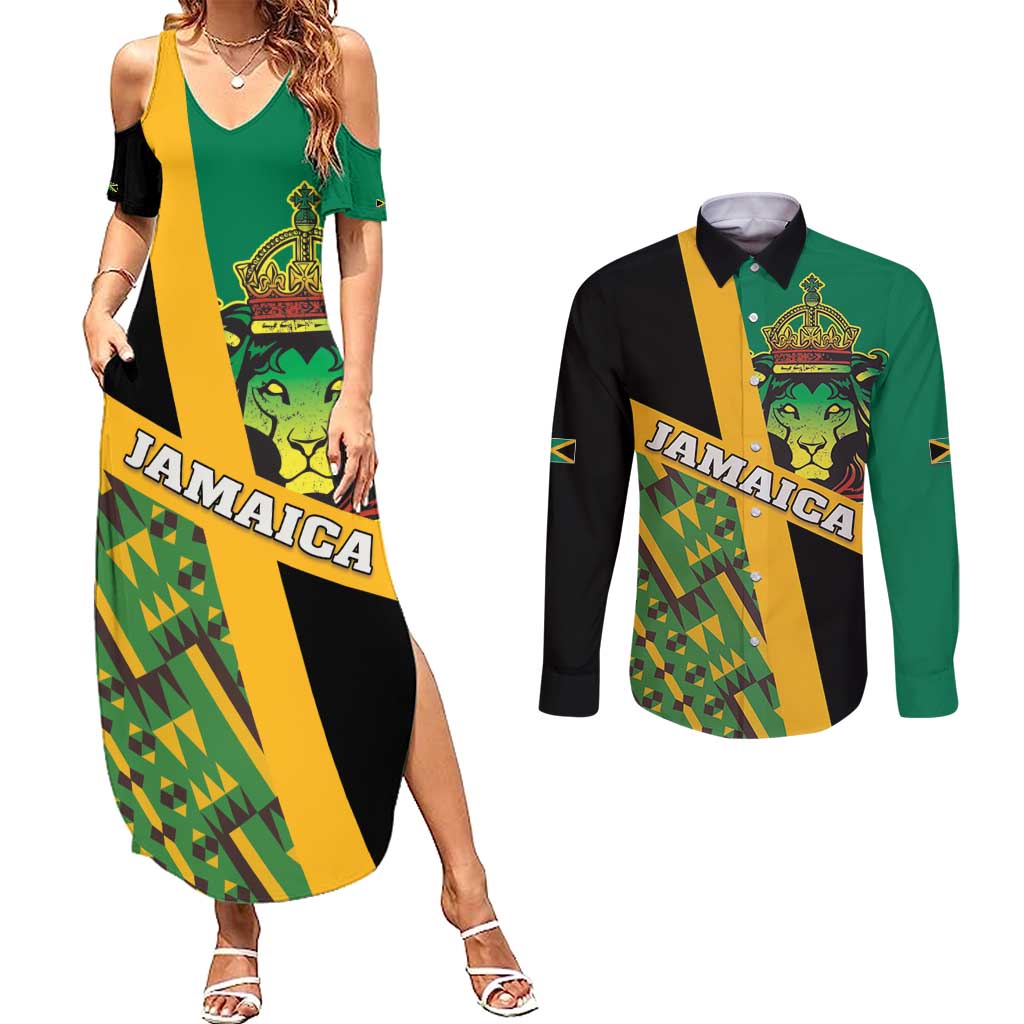 Jamaica Lion Rastafarian Couples Matching Summer Maxi Dress and Long Sleeve Button Shirt With Kente Pattern - Wonder Print Shop