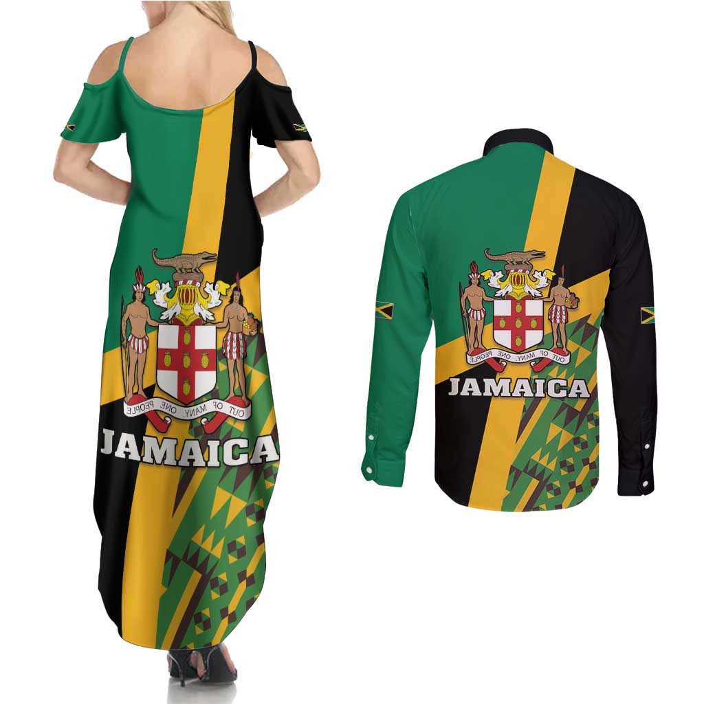 Jamaica Lion Rastafarian Couples Matching Summer Maxi Dress and Long Sleeve Button Shirt With Kente Pattern - Wonder Print Shop