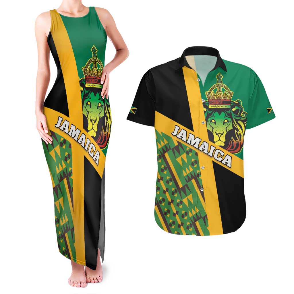 Jamaica Lion Rastafarian Couples Matching Tank Maxi Dress and Hawaiian Shirt With Kente Pattern - Wonder Print Shop