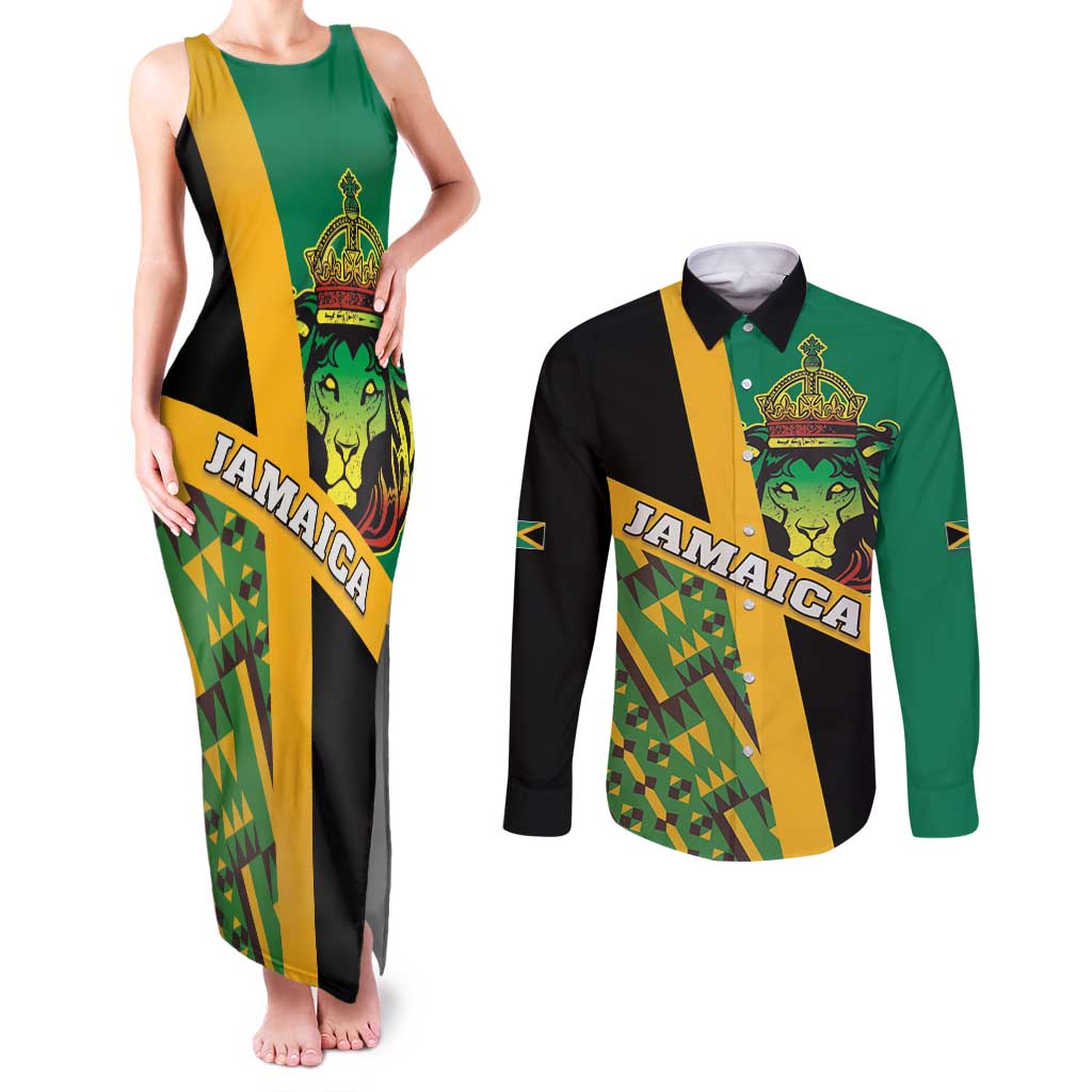 Jamaica Lion Rastafarian Couples Matching Tank Maxi Dress and Long Sleeve Button Shirt With Kente Pattern - Wonder Print Shop