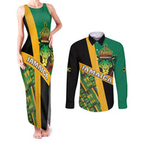 Jamaica Lion Rastafarian Couples Matching Tank Maxi Dress and Long Sleeve Button Shirt With Kente Pattern - Wonder Print Shop