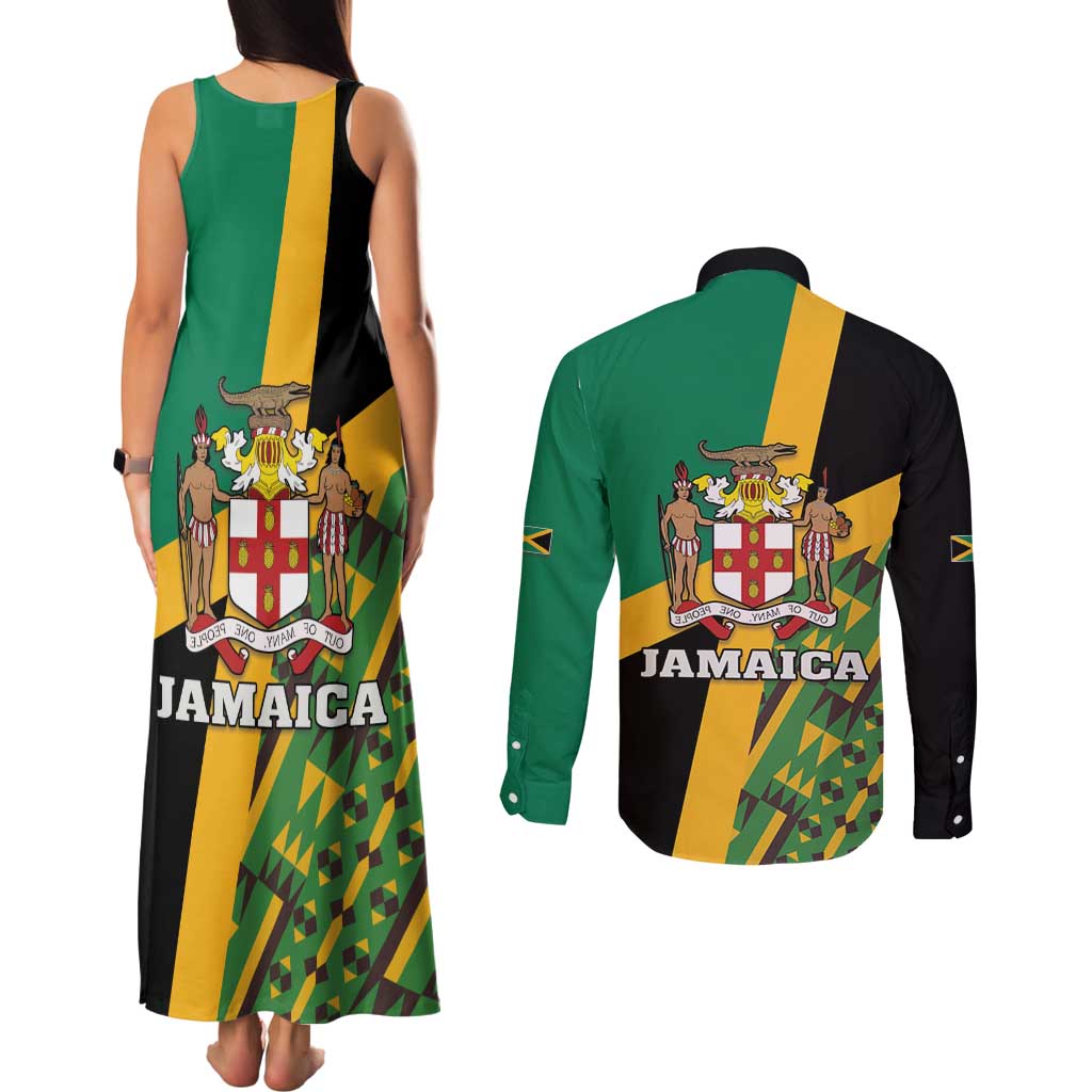 Jamaica Lion Rastafarian Couples Matching Tank Maxi Dress and Long Sleeve Button Shirt With Kente Pattern - Wonder Print Shop