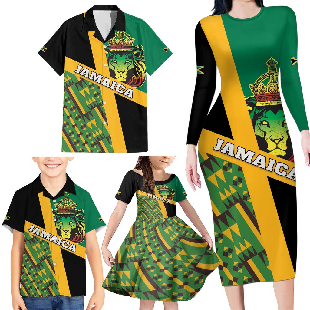 Jamaica Lion Rastafarian Family Matching Long Sleeve Bodycon Dress and Hawaiian Shirt With Kente Pattern - Wonder Print Shop