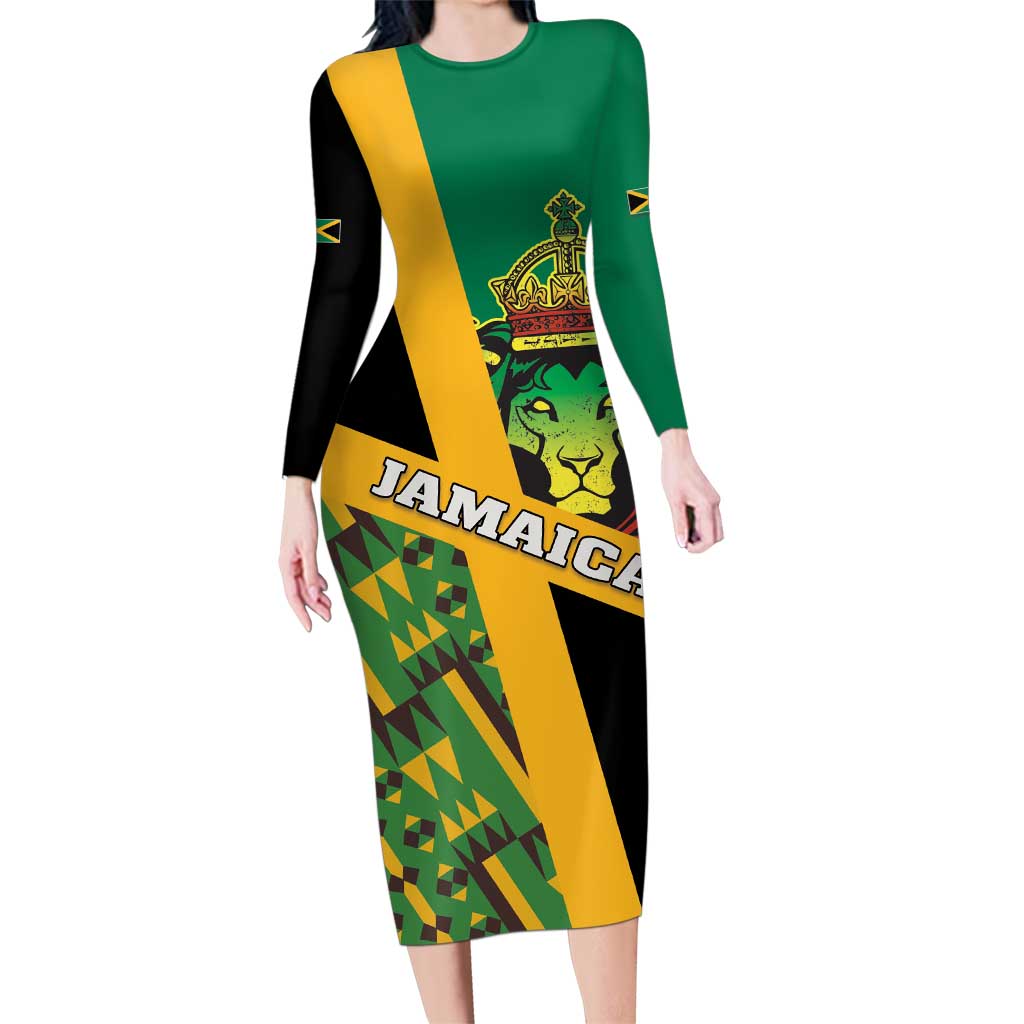 Jamaica Lion Rastafarian Family Matching Long Sleeve Bodycon Dress and Hawaiian Shirt With Kente Pattern - Wonder Print Shop