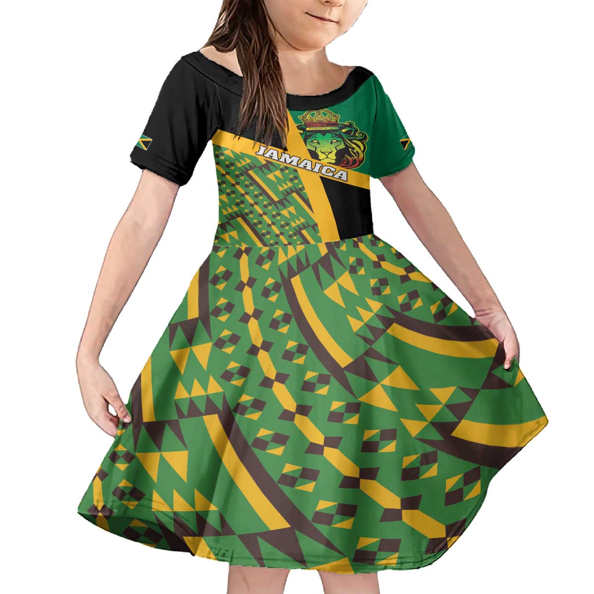 Jamaica Lion Rastafarian Family Matching Off The Shoulder Long Sleeve Dress and Hawaiian Shirt With Kente Pattern - Wonder Print Shop