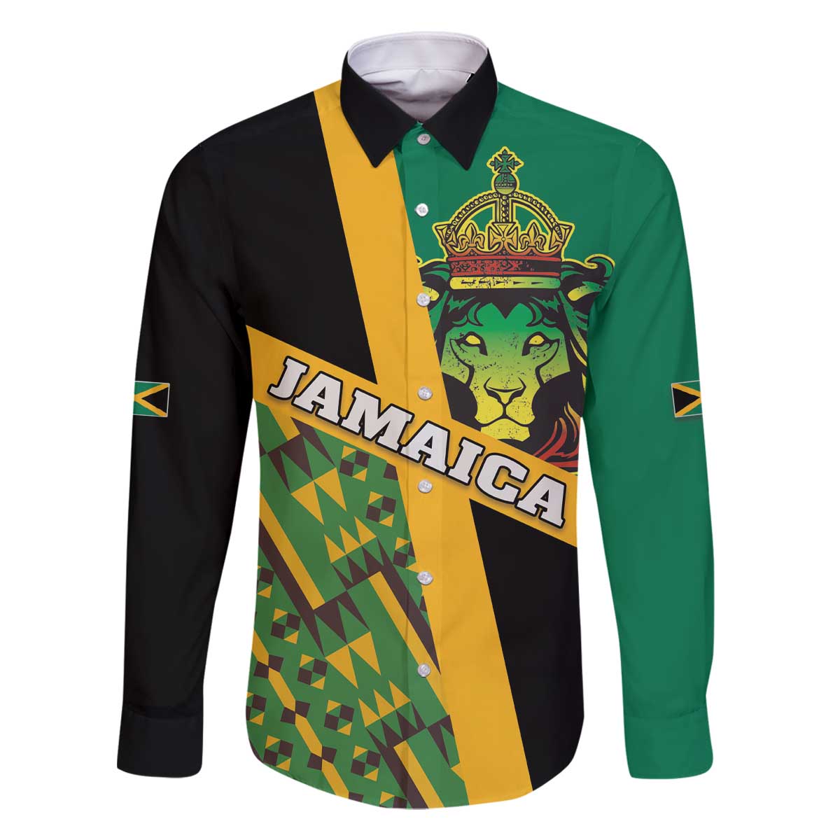 Jamaica Lion Rastafarian Family Matching Off The Shoulder Long Sleeve Dress and Hawaiian Shirt With Kente Pattern - Wonder Print Shop