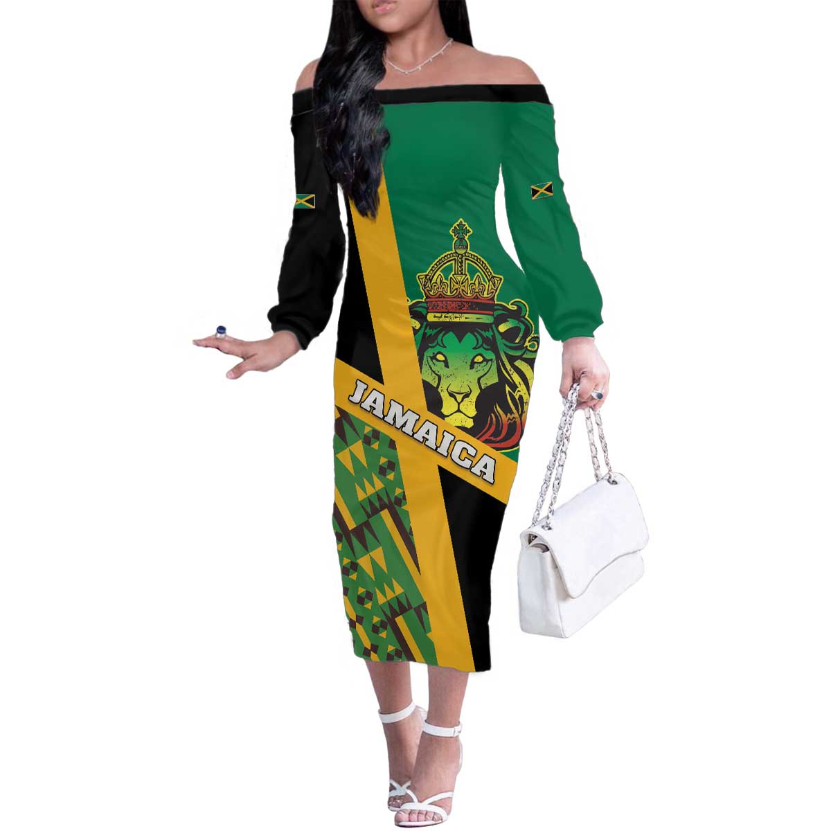 Jamaica Lion Rastafarian Family Matching Off The Shoulder Long Sleeve Dress and Hawaiian Shirt With Kente Pattern - Wonder Print Shop