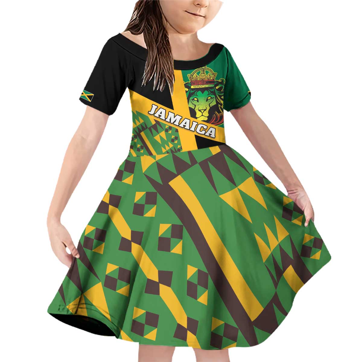 Jamaica Lion Rastafarian Family Matching Off Shoulder Short Dress and Hawaiian Shirt With Kente Pattern - Wonder Print Shop