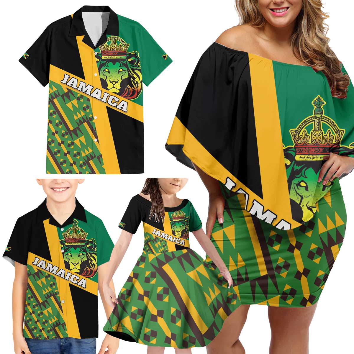Jamaica Lion Rastafarian Family Matching Off Shoulder Short Dress and Hawaiian Shirt With Kente Pattern - Wonder Print Shop