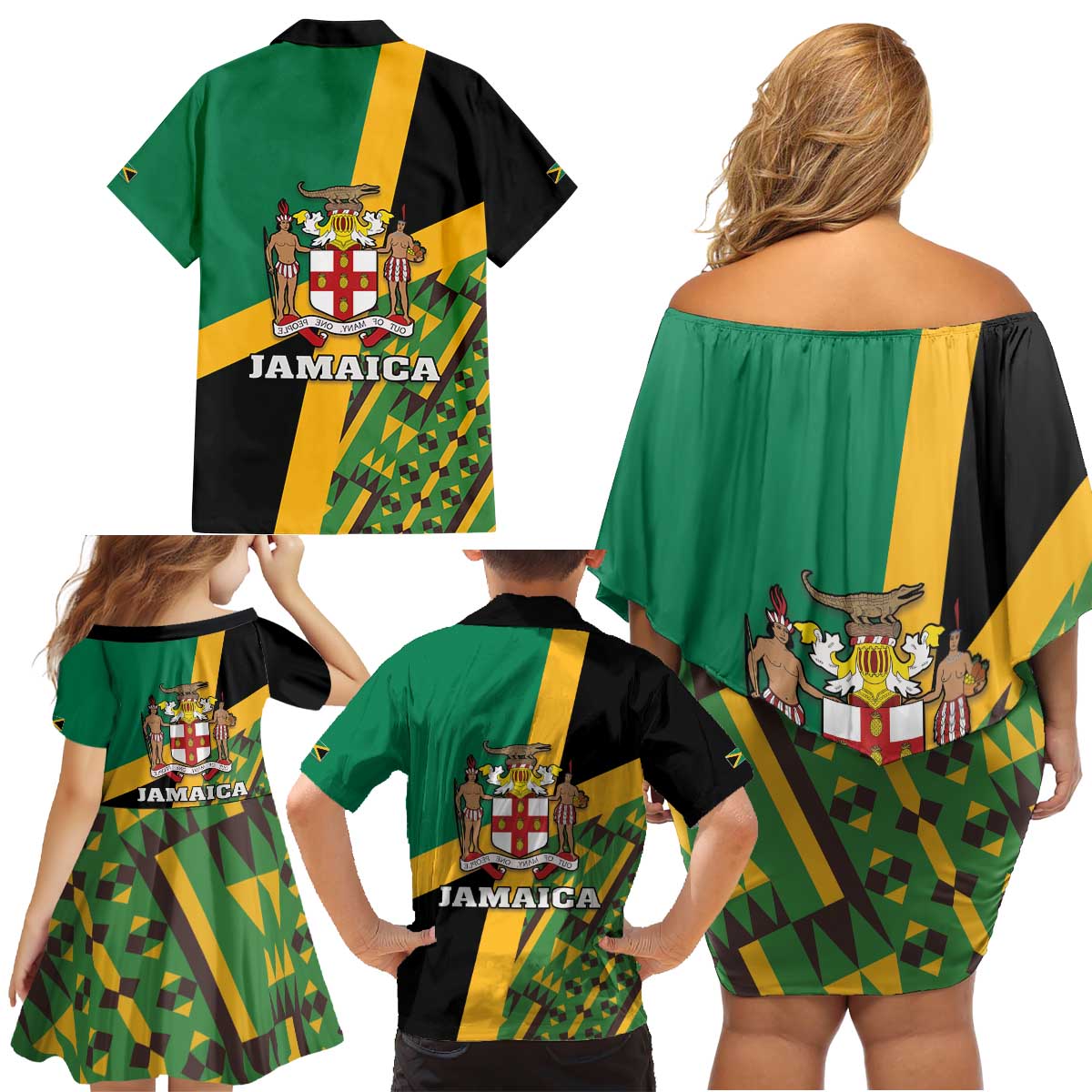 Jamaica Lion Rastafarian Family Matching Off Shoulder Short Dress and Hawaiian Shirt With Kente Pattern - Wonder Print Shop