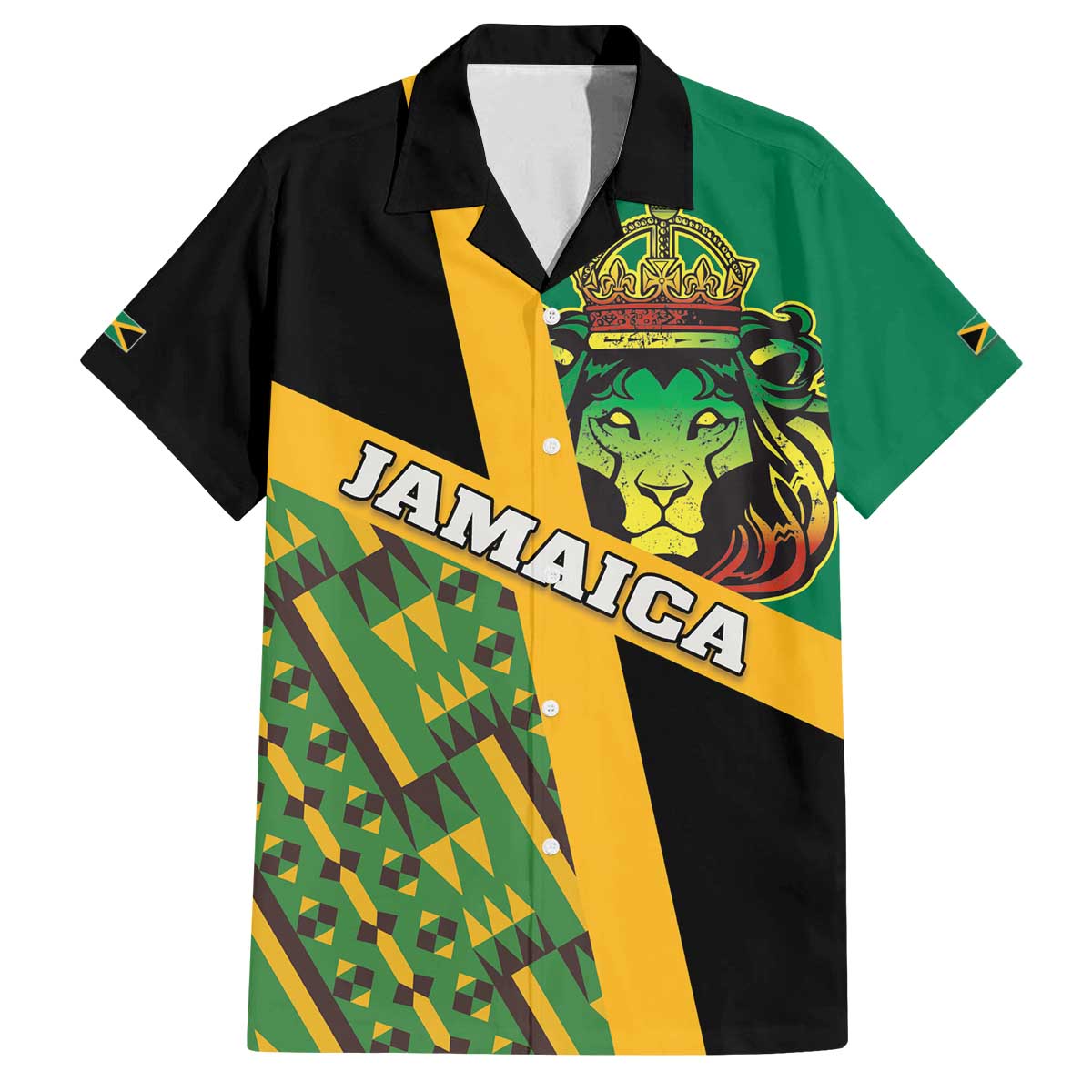 Jamaica Lion Rastafarian Family Matching Off Shoulder Short Dress and Hawaiian Shirt With Kente Pattern - Wonder Print Shop