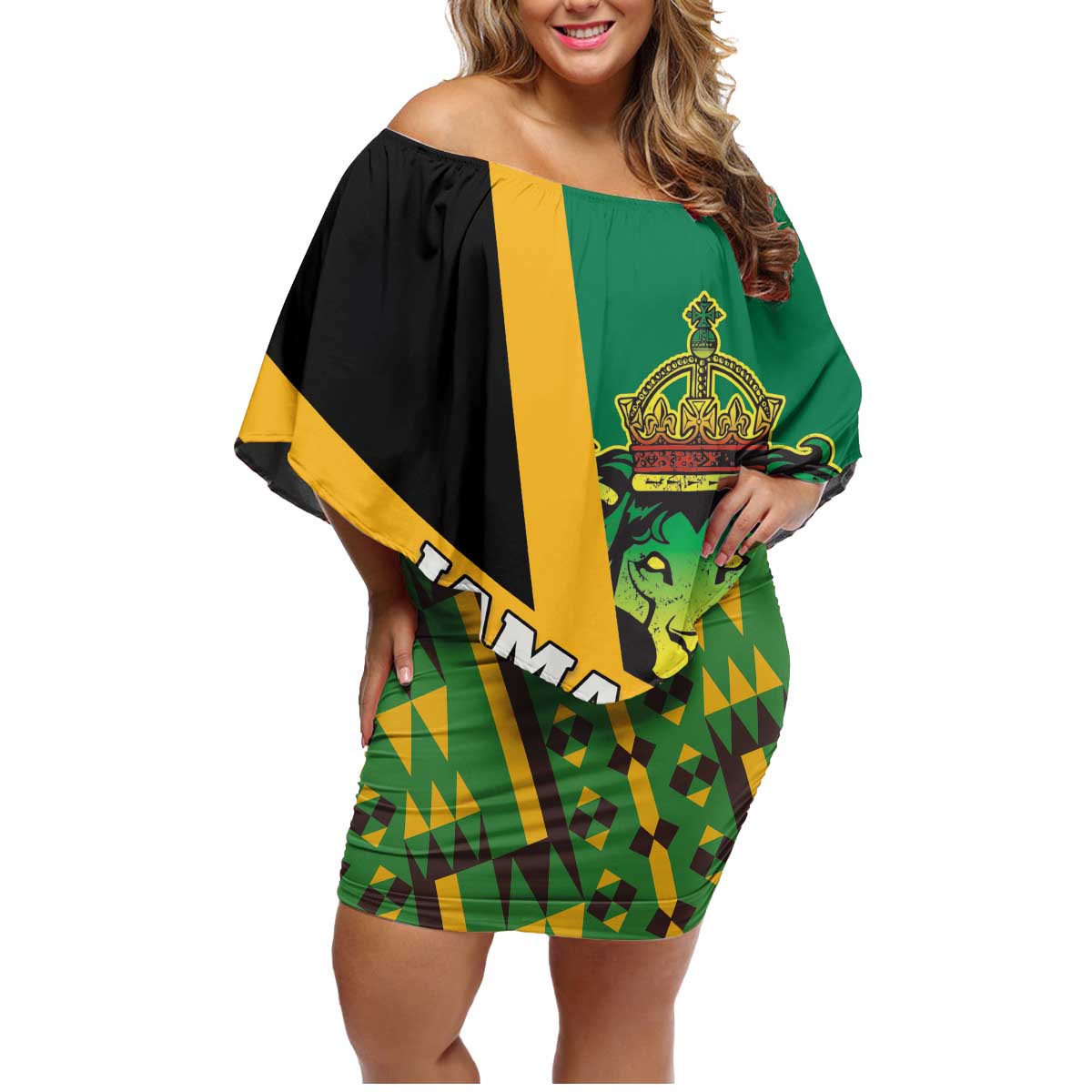 Jamaica Lion Rastafarian Family Matching Off Shoulder Short Dress and Hawaiian Shirt With Kente Pattern - Wonder Print Shop