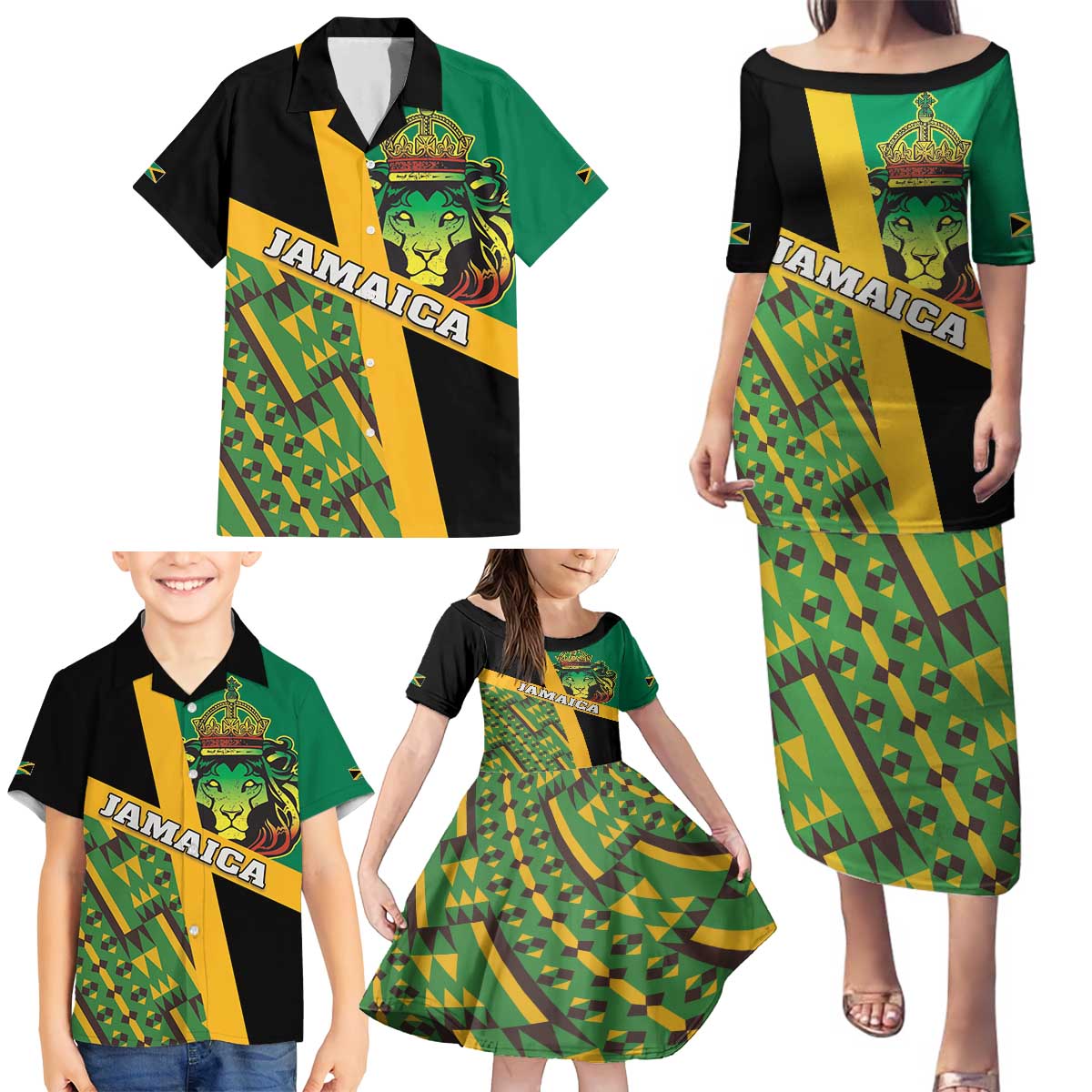 Jamaica Lion Rastafarian Family Matching Puletasi and Hawaiian Shirt With Kente Pattern - Wonder Print Shop