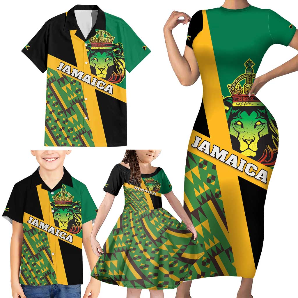 Jamaica Lion Rastafarian Family Matching Short Sleeve Bodycon Dress and Hawaiian Shirt With Kente Pattern - Wonder Print Shop