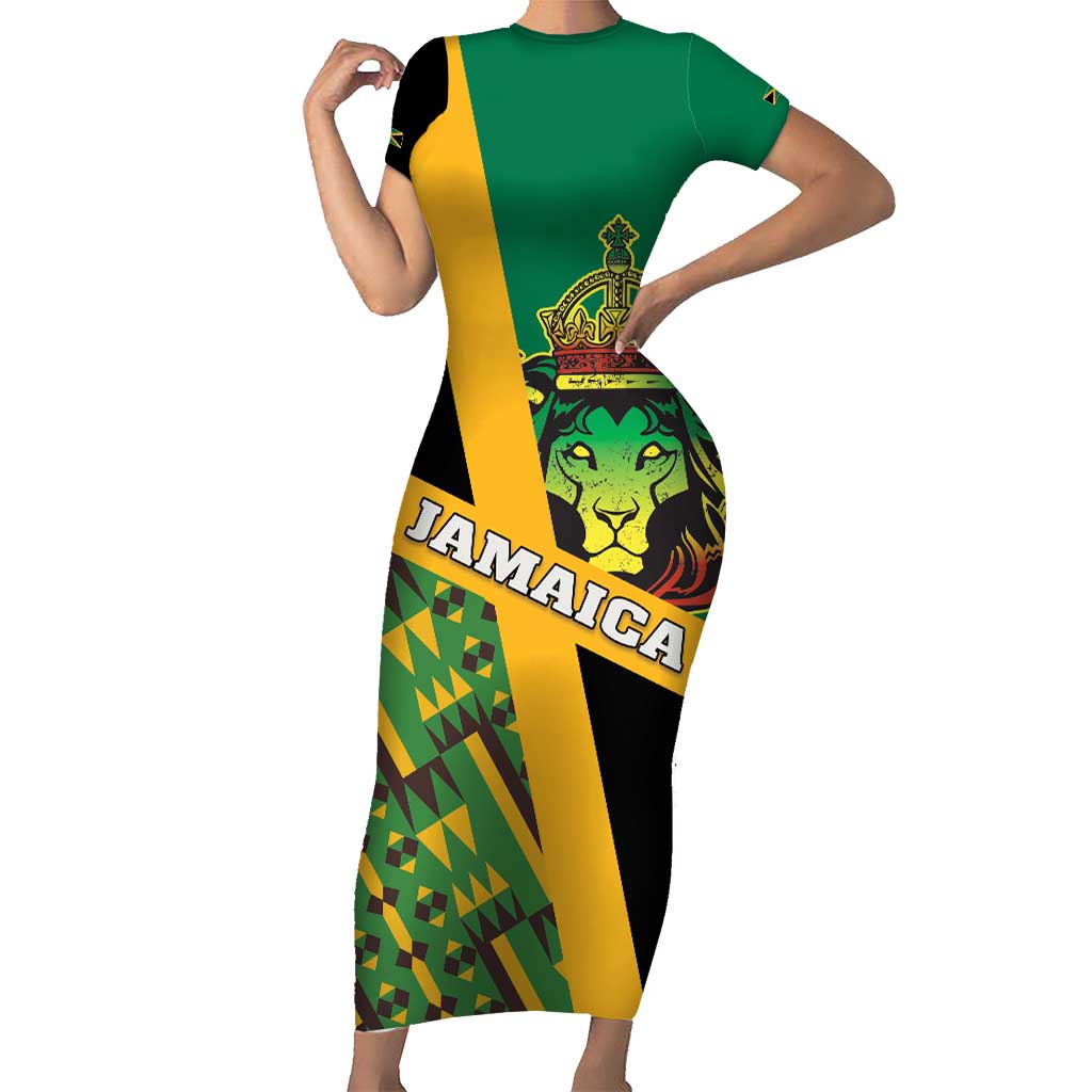Jamaica Lion Rastafarian Family Matching Short Sleeve Bodycon Dress and Hawaiian Shirt With Kente Pattern - Wonder Print Shop