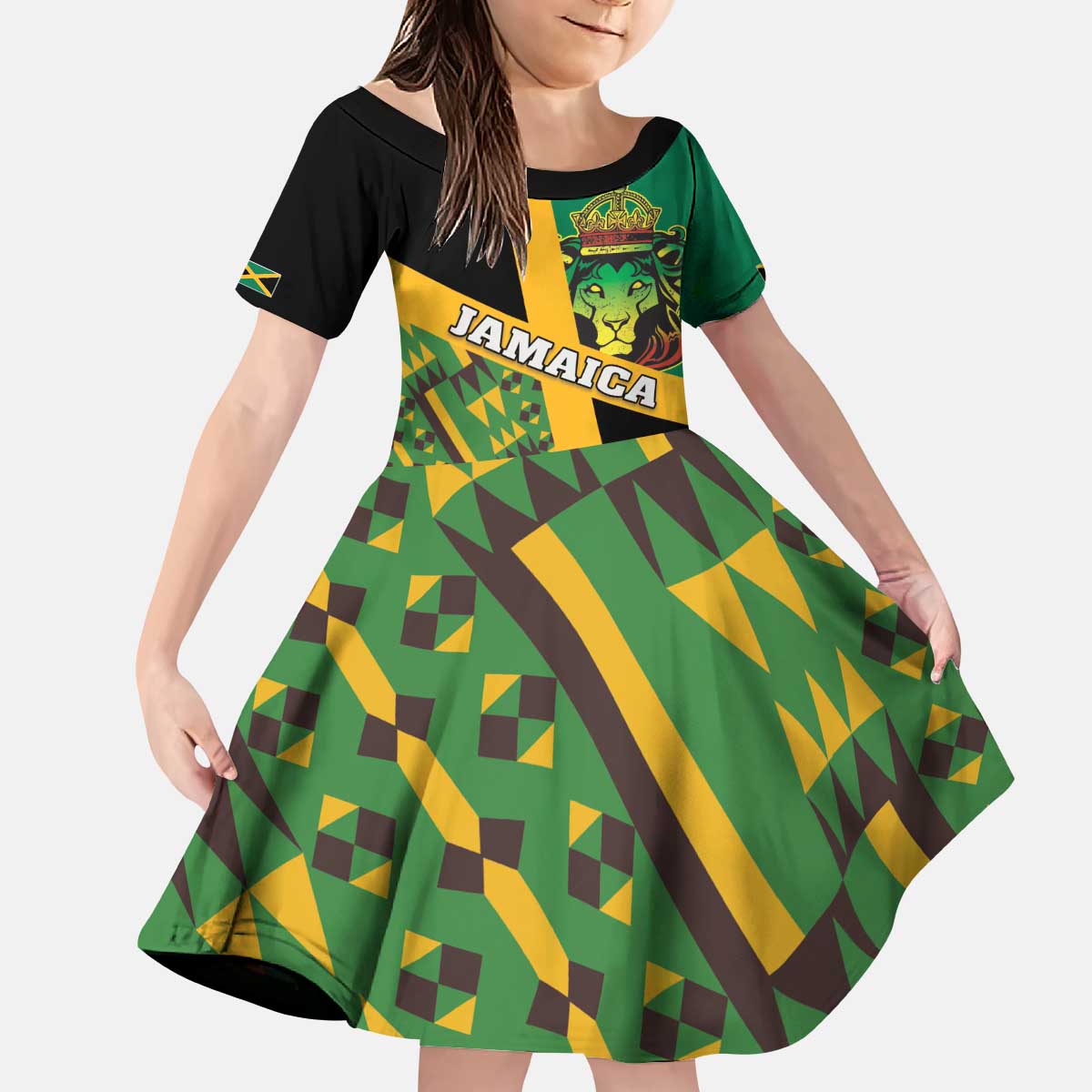 Jamaica Lion Rastafarian Kid Short Sleeve Dress With Kente Pattern - Wonder Print Shop