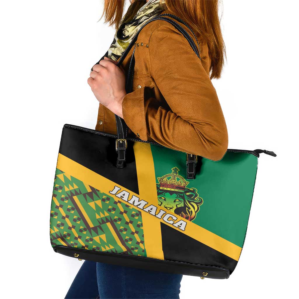 Jamaica Lion Rastafarian Leather Tote Bag With Kente Pattern - Wonder Print Shop