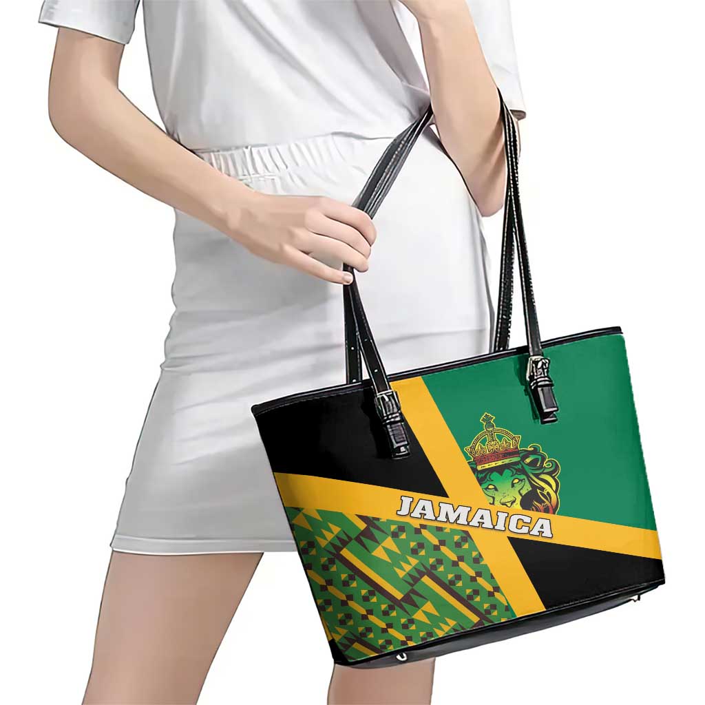 Jamaica Lion Rastafarian Leather Tote Bag With Kente Pattern - Wonder Print Shop