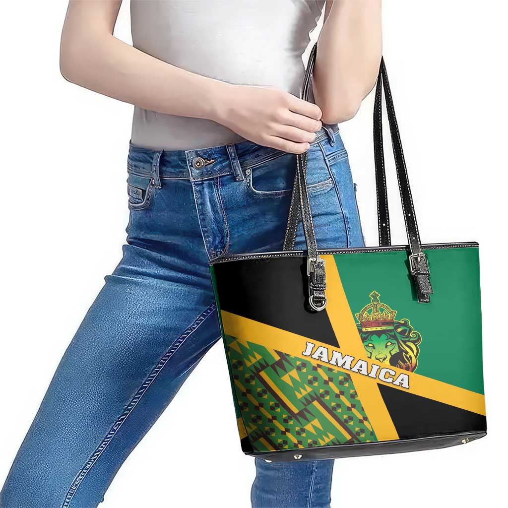 Jamaica Lion Rastafarian Leather Tote Bag With Kente Pattern - Wonder Print Shop