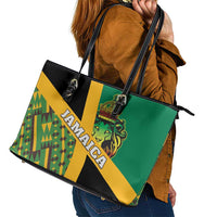 Jamaica Lion Rastafarian Leather Tote Bag With Kente Pattern - Wonder Print Shop