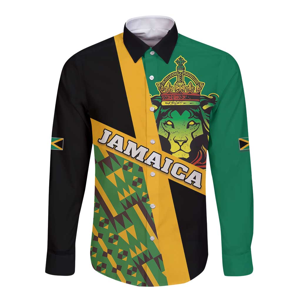 Jamaica Lion Rastafarian Long Sleeve Button Shirt With Kente Pattern - Wonder Print Shop