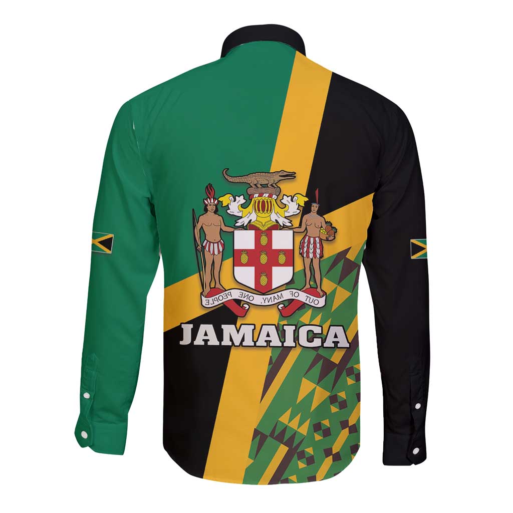 Jamaica Lion Rastafarian Long Sleeve Button Shirt With Kente Pattern - Wonder Print Shop