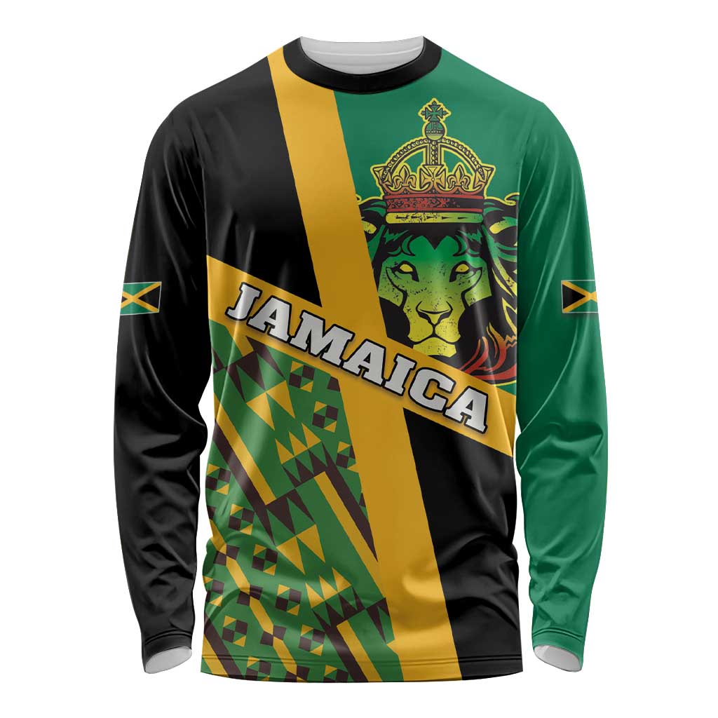 Jamaica Lion Rastafarian Long Sleeve Shirt With Kente Pattern - Wonder Print Shop