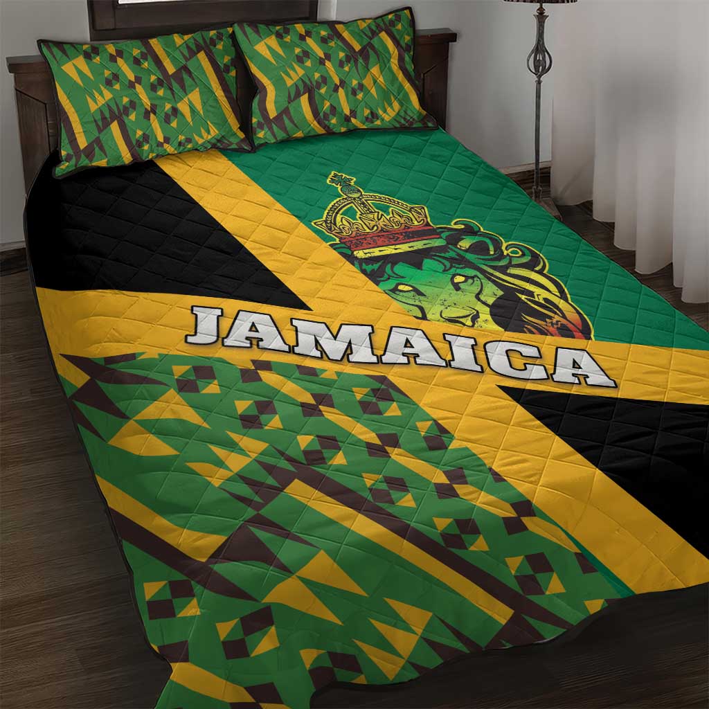 Jamaica Lion Rastafarian Quilt Bed Set With Kente Pattern - Wonder Print Shop