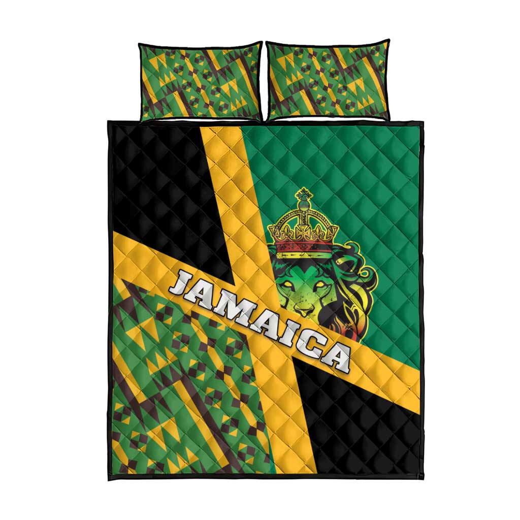 Jamaica Lion Rastafarian Quilt Bed Set With Kente Pattern - Wonder Print Shop