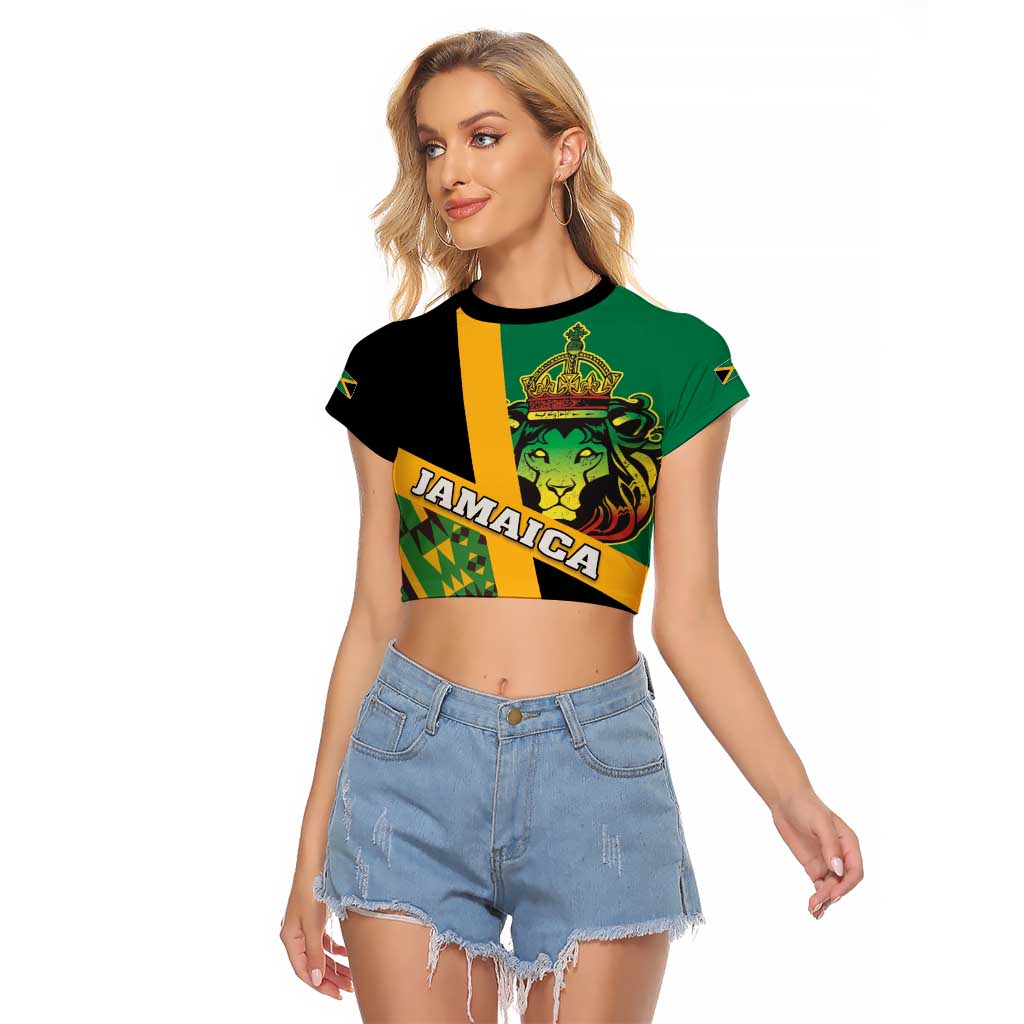Jamaica Lion Rastafarian Raglan Cropped T Shirt With Kente Pattern - Wonder Print Shop