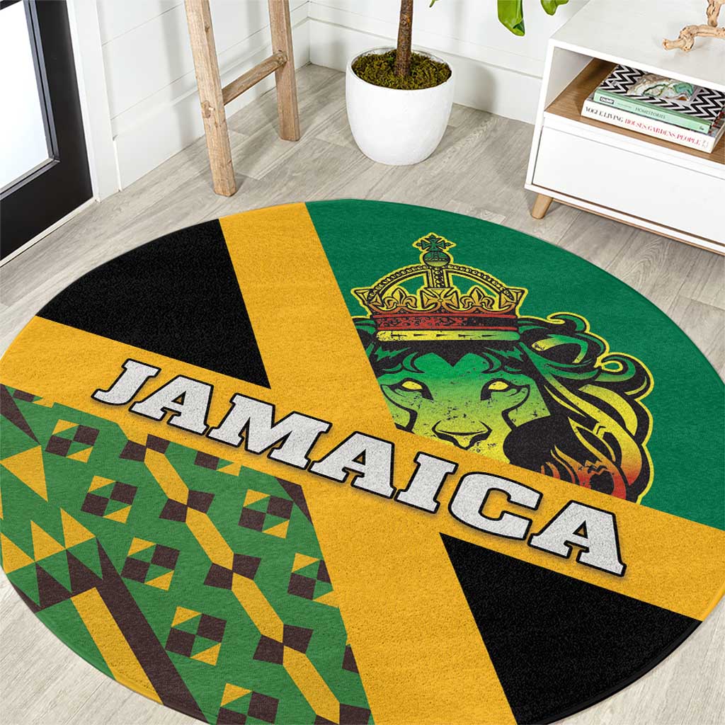 Jamaica Lion Rastafarian Round Carpet With Kente Pattern