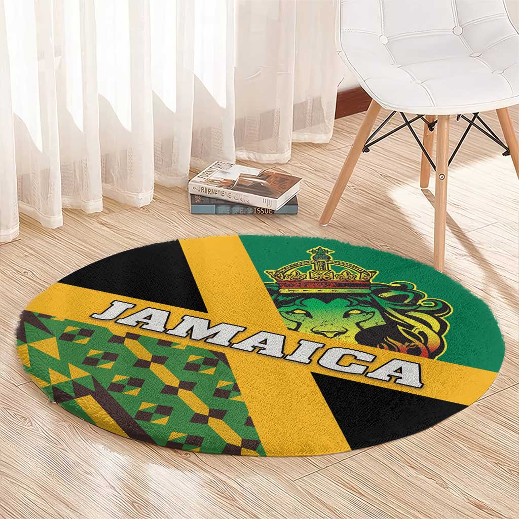Jamaica Lion Rastafarian Round Carpet With Kente Pattern