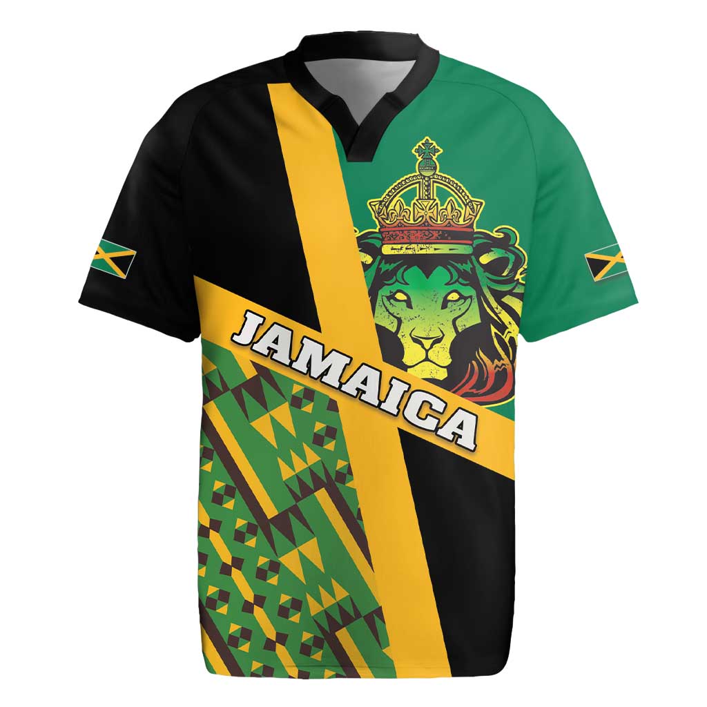 Jamaica Lion Rastafarian Rugby Jersey With Kente Pattern - Wonder Print Shop