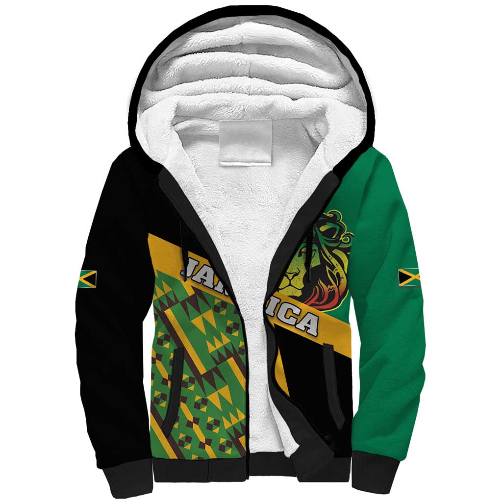 Jamaica Lion Rastafarian Sherpa Hoodie With Kente Pattern - Wonder Print Shop