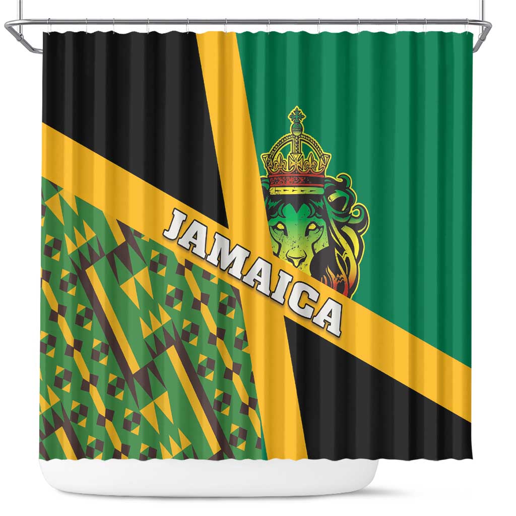 Jamaica Lion Rastafarian Shower Curtain With Kente Pattern