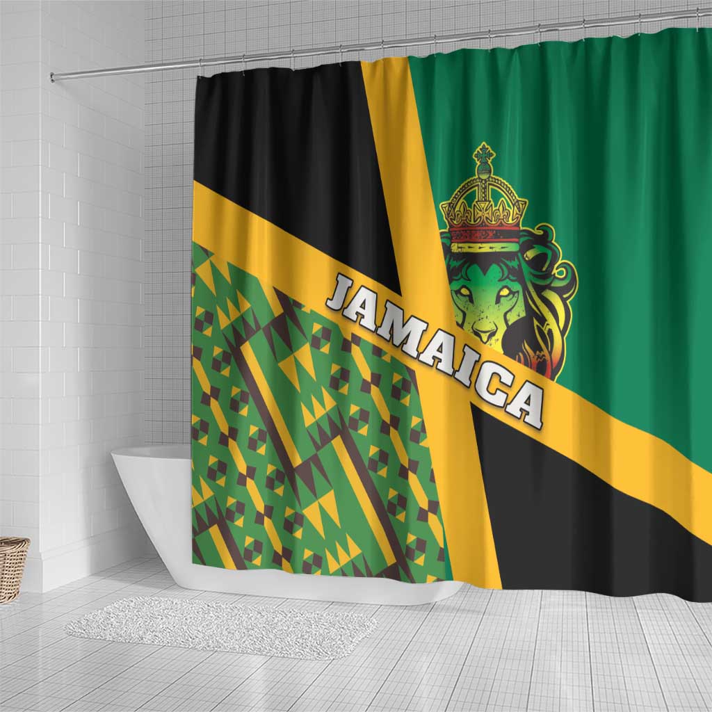 Jamaica Lion Rastafarian Shower Curtain With Kente Pattern