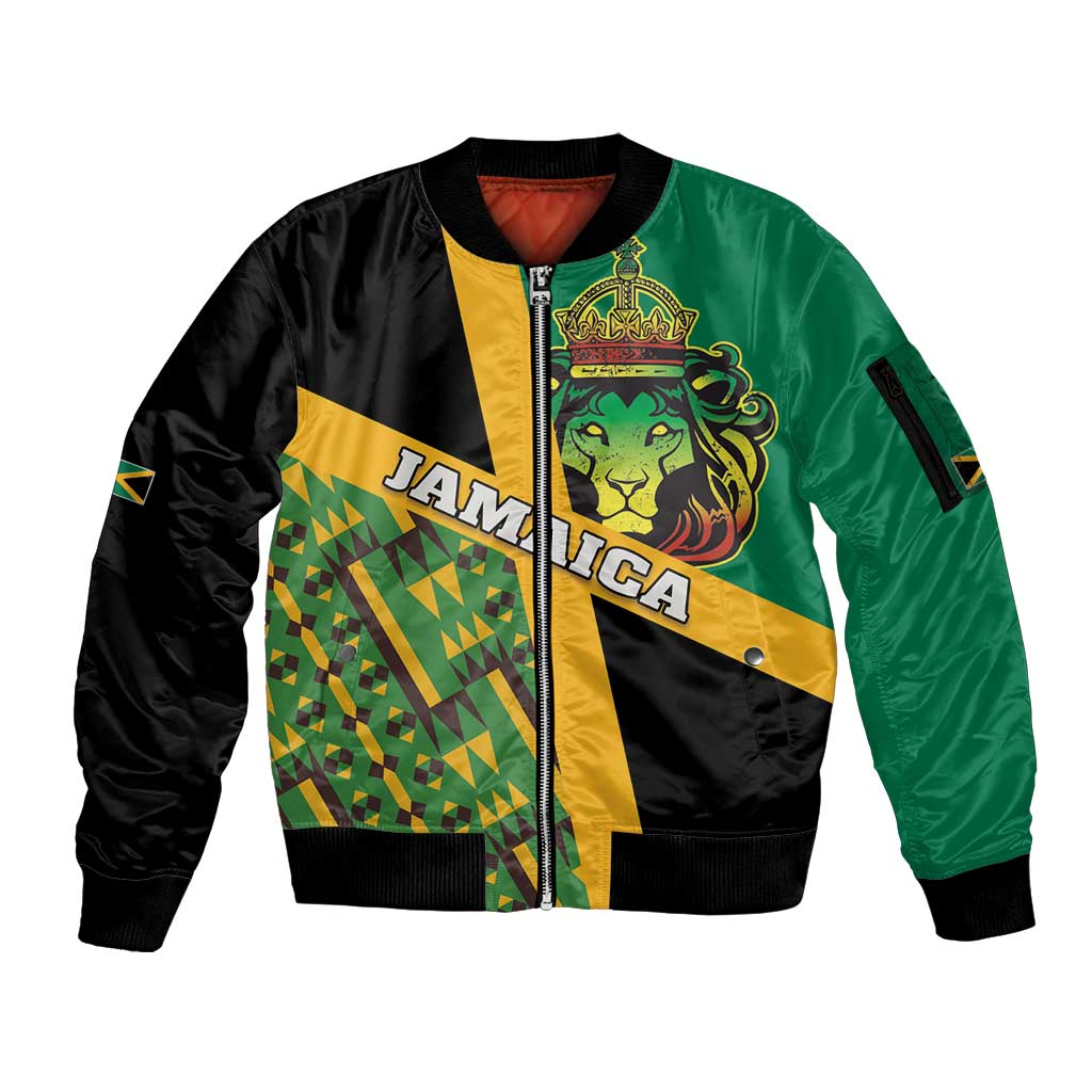 Jamaica Lion Rastafarian Sleeve Zip Bomber Jacket With Kente Pattern - Wonder Print Shop