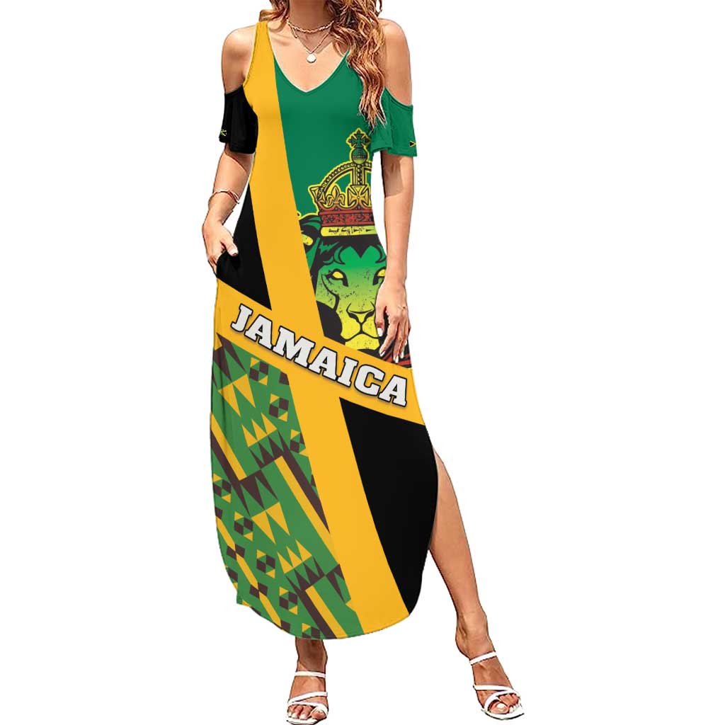 Jamaica Lion Rastafarian Summer Maxi Dress With Kente Pattern - Wonder Print Shop