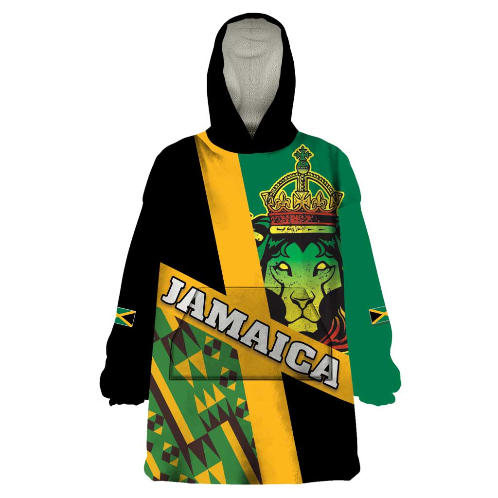 Jamaica Lion Rastafarian Wearable Blanket Hoodie With Kente Pattern - Wonder Print Shop