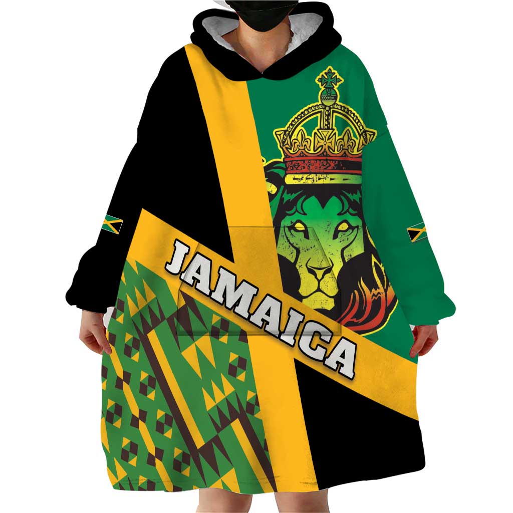Jamaica Lion Rastafarian Wearable Blanket Hoodie With Kente Pattern - Wonder Print Shop