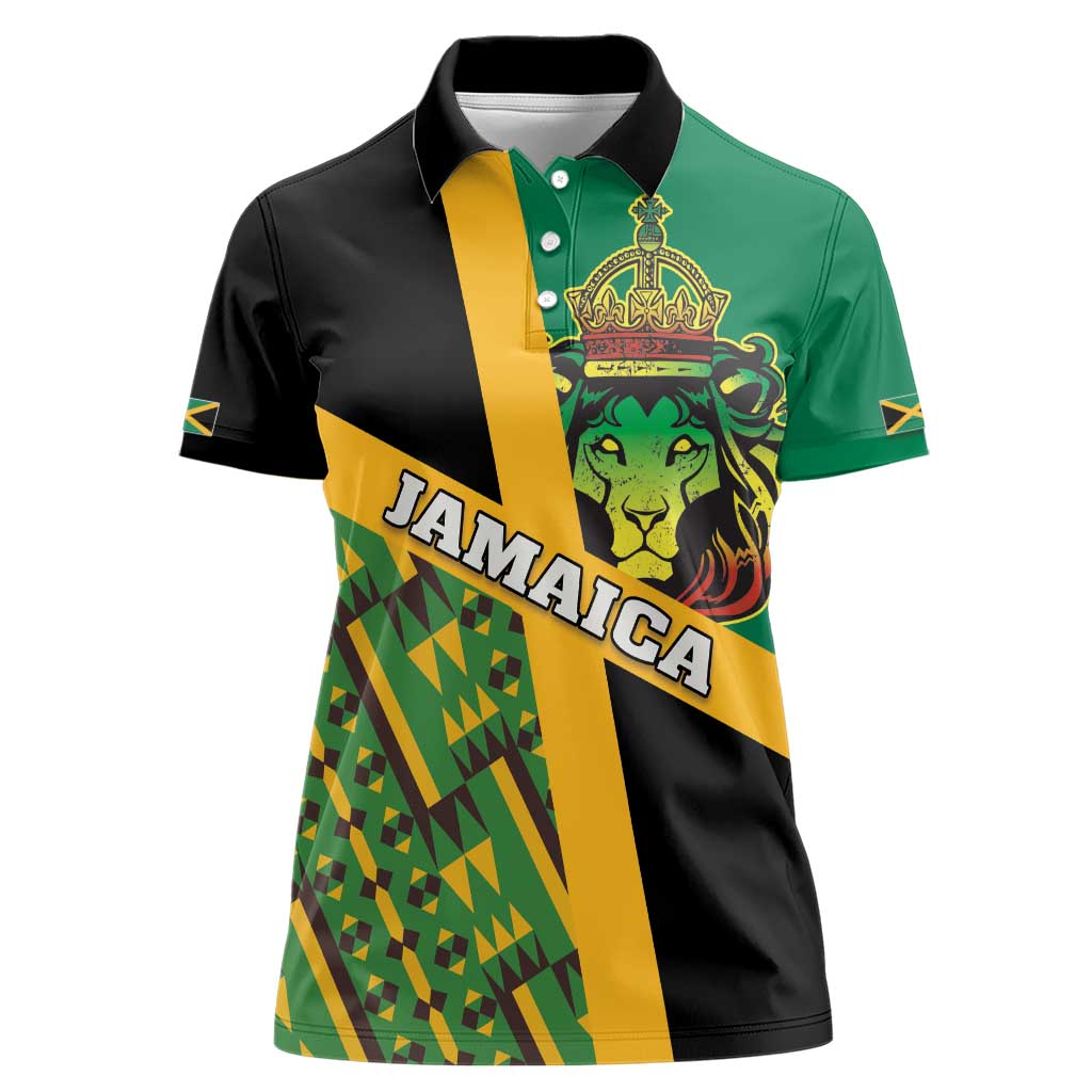 Jamaica Lion Rastafarian Women Polo Shirt With Kente Pattern - Wonder Print Shop