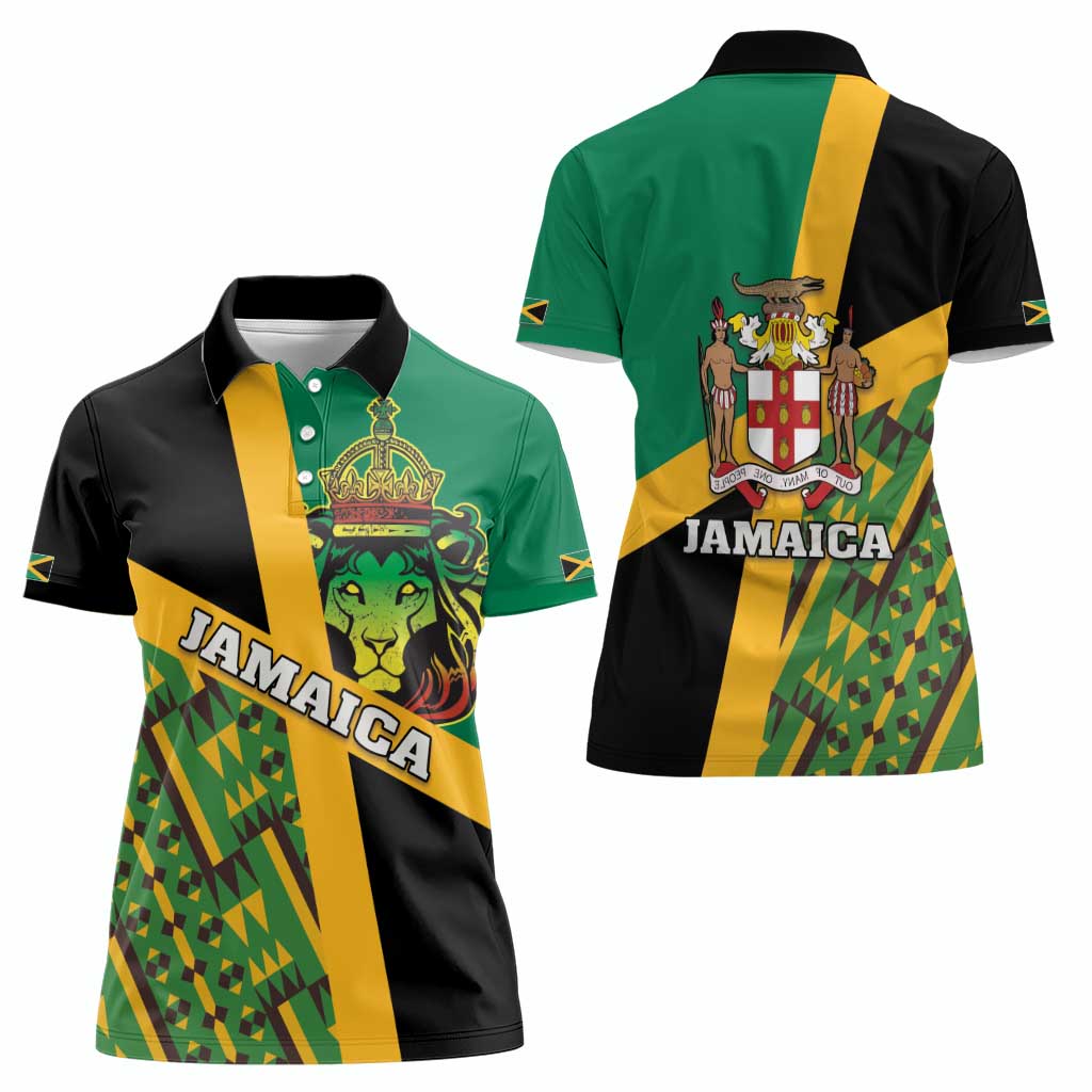 Jamaica Lion Rastafarian Women Polo Shirt With Kente Pattern - Wonder Print Shop