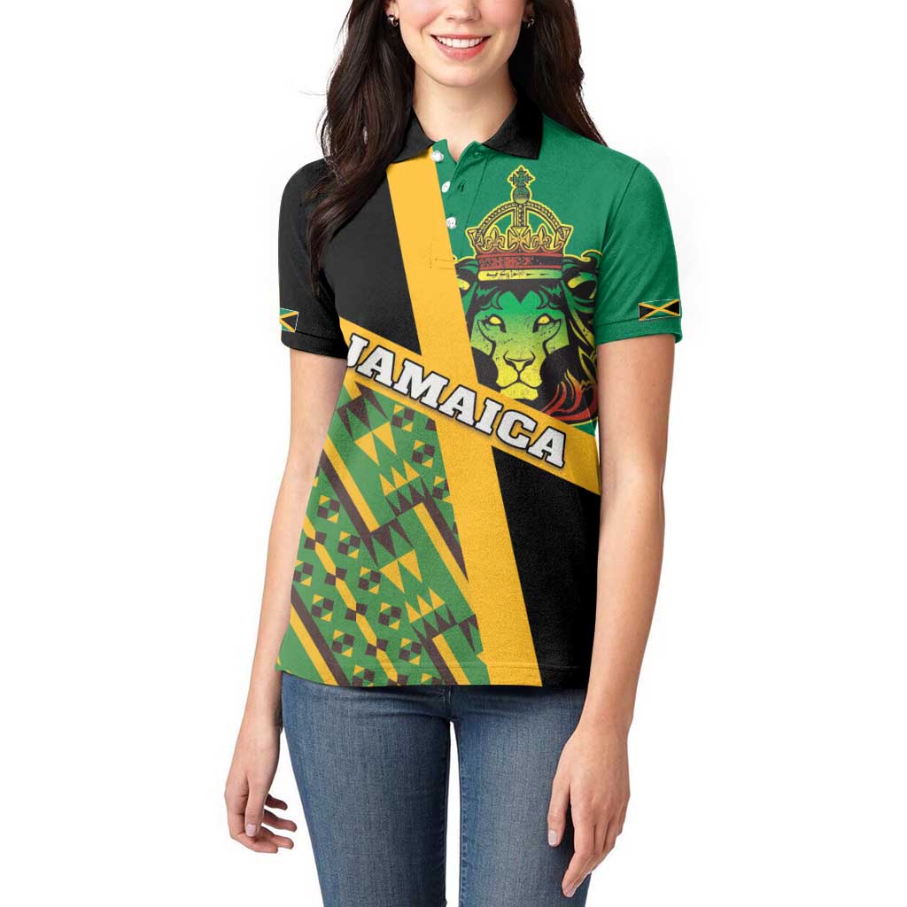 Jamaica Lion Rastafarian Women Polo Shirt With Kente Pattern - Wonder Print Shop