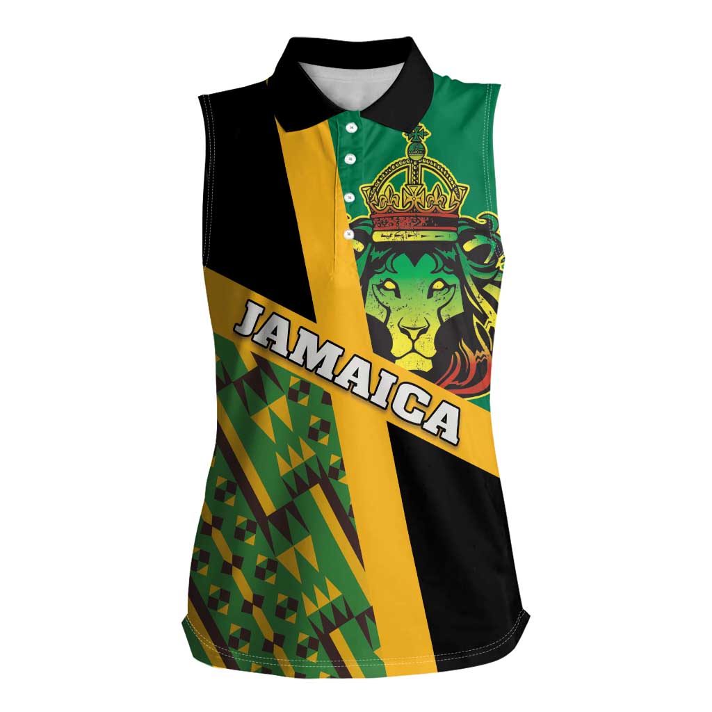 Jamaica Lion Rastafarian Women Sleeveless Polo Shirt With Kente Pattern - Wonder Print Shop