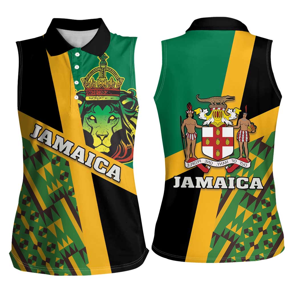 Jamaica Lion Rastafarian Women Sleeveless Polo Shirt With Kente Pattern - Wonder Print Shop